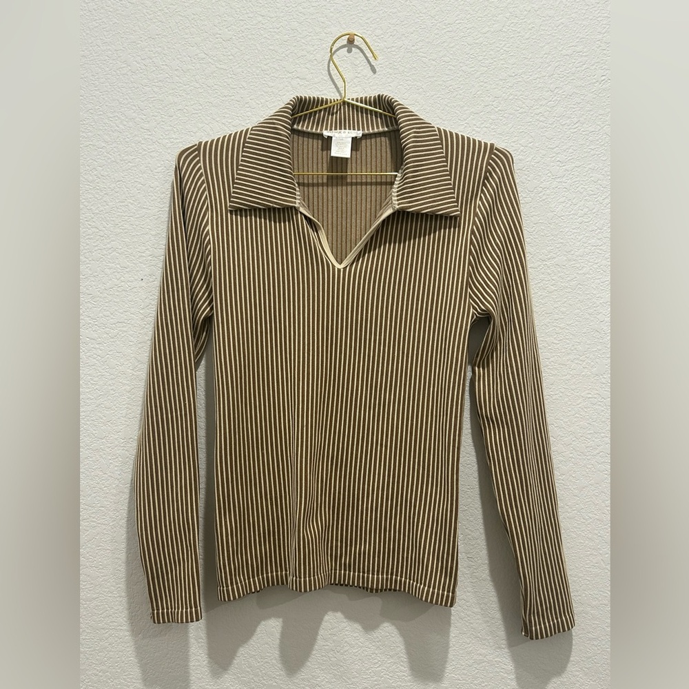 Sugar and Rose Striped Brown and Cream beige Long Sleeve collared top